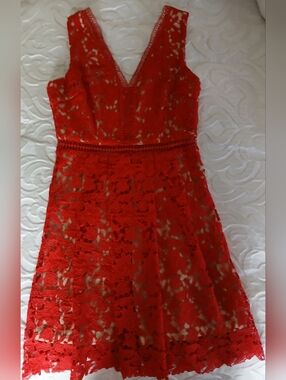 Alya Red Lace V-Neck Fit-and-Flare Mini Dress